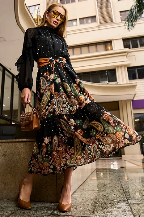 Vestido Estampa Poá E Paisley Midi
