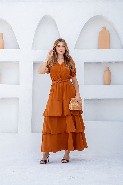 Vestido Longo Babados Caramelo