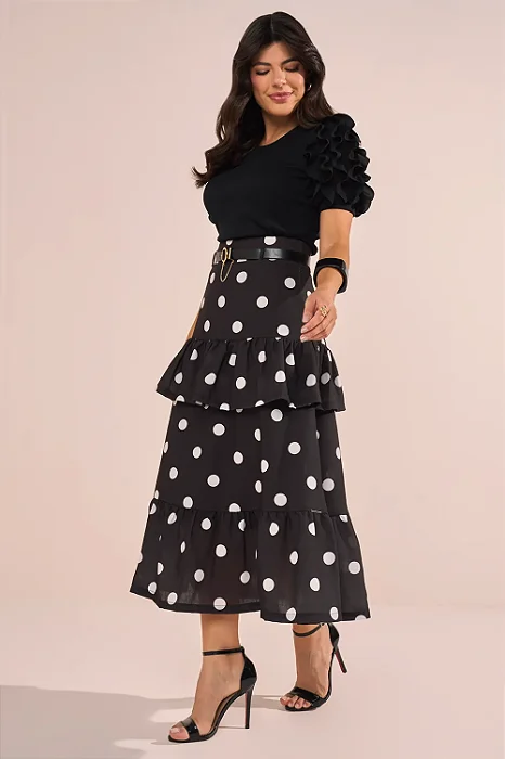 Saia Estampa Poá E Babados Evase Midi