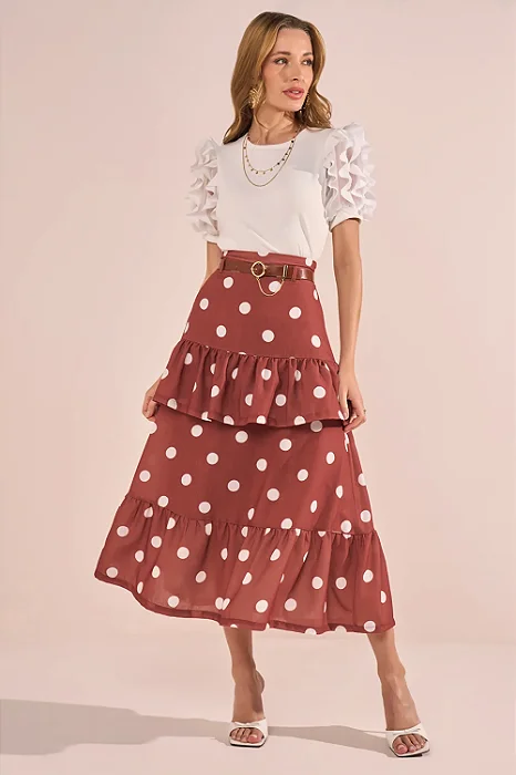 Saia Estampa Poá E Babados Evase Midi