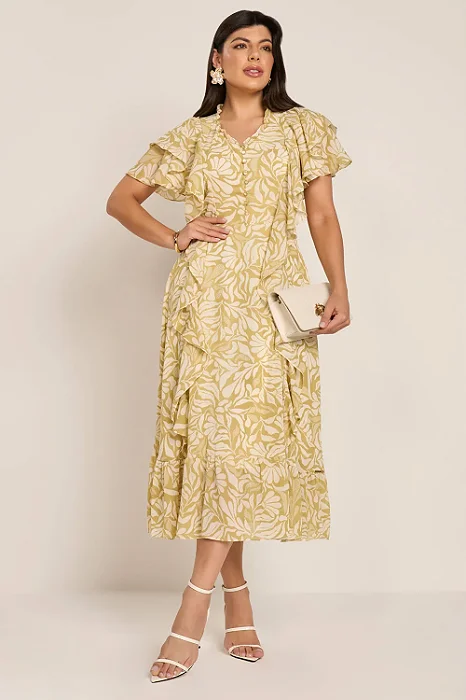 Vestido Verde Estampa Tropical E Babados Evasê Midi Fascinius