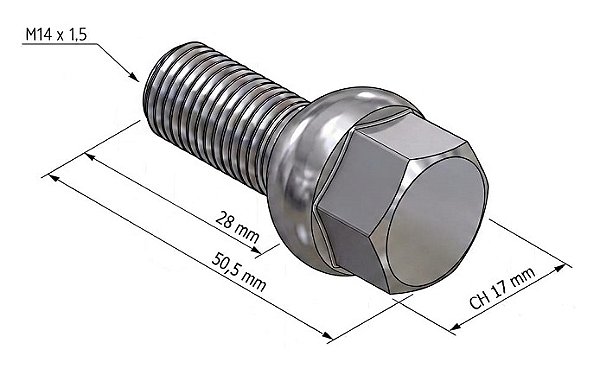 PARAFUSO RODA PF M14 X 1,5 X 28 CH17 CROMADO - ESFERICO