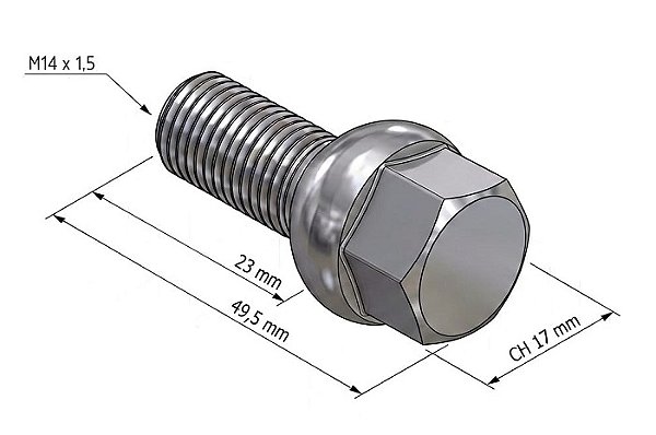 PARAFUSO RODA PF M14 X 1,5 X 23 CH17 CROMADO - ESFERICO
