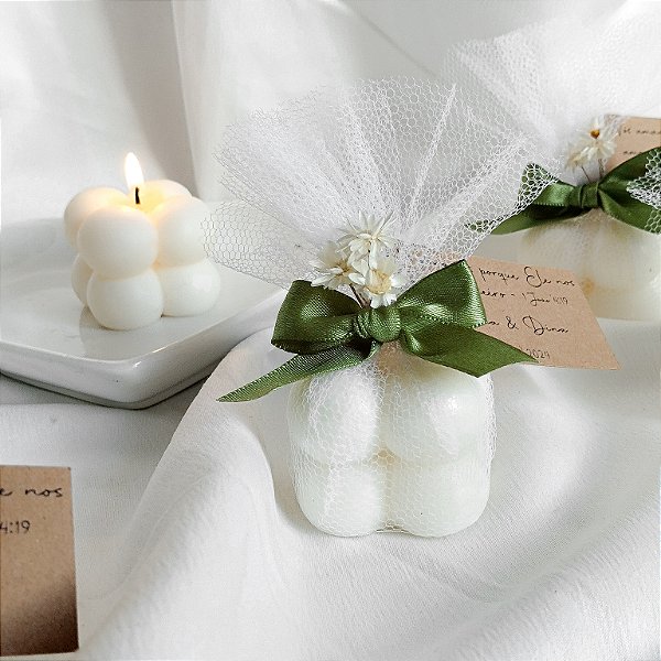 Kit 10 Velas mini bubbles com tule e tag, lembrancinha Casamento, Batizado, Aniversário, Personalizada