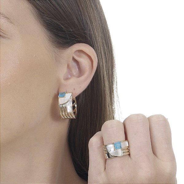 Conjunto Anel E Brinco Madrepérola Com Pedra Fusion Azul