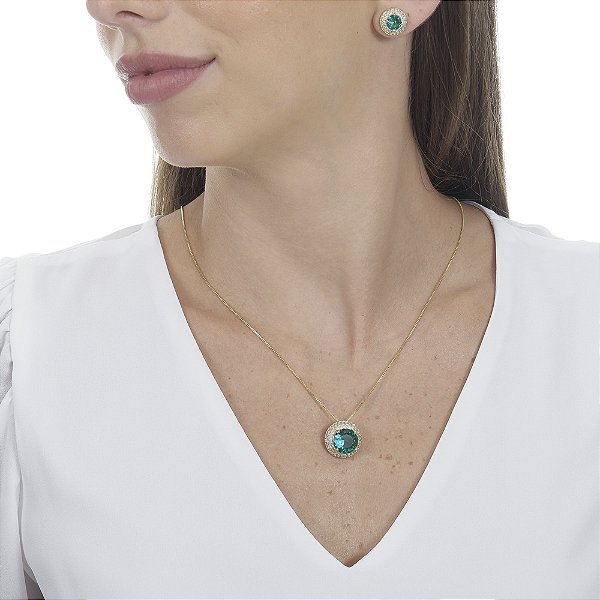 Conjunto Redondo Zircônia Verde Com Micro zircônia Ao Redor (Brinco E Pingente)