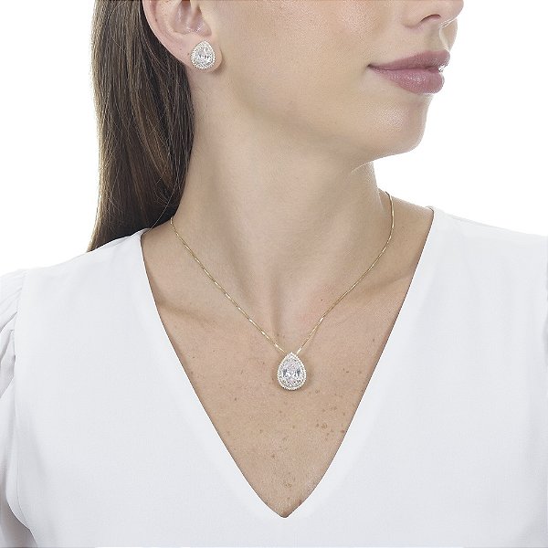 Conjunto Gota Zircônia Cristal Com Micro Zircônia