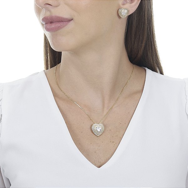 Conjunto Coração com Baguetes e Pedra Zircônia Central
