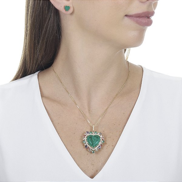 Conjunto Coração Com Fusion Esmeralda Com Zircônias Coloridas