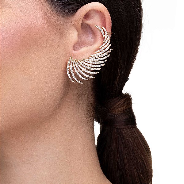 Brinco Ear cuff Meia Folha Com Micro Zircônia Cristal