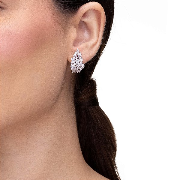 Brinco Folha Media Ear Hook Zircônia E Navetes Cristal Ródio Branco