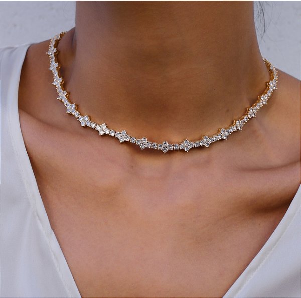 Choker Riviera Flor 4 Garras Cristal no Banho de Ouro 18K