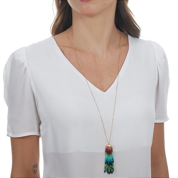 Colar Longo Veneziana Com Cacho Cristais Zircônia Roxo, Verde, Azul