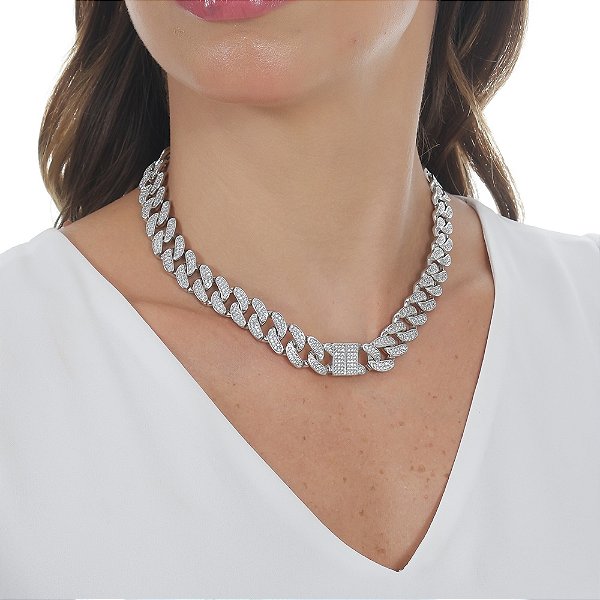 Colar Choker Cuban Cravejado Ródio Branco