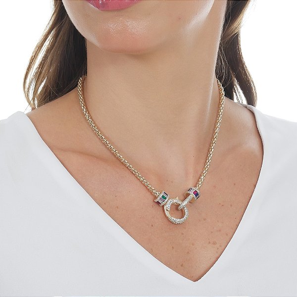 Colar Choker Com Fecho Mosquetão Em Micro Zircônia Cristal E Detalhes Em Zircônia Colorida
