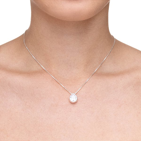 Colar Com Pingente Prata 925 Gota 9Mm Zircônia Cristal