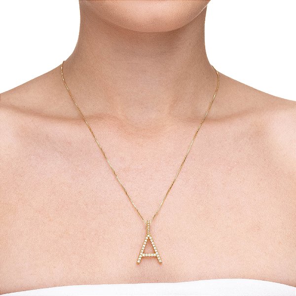Colar Com Pingente Personalizado Letra Cravejada Zircônia - Letra A Ouro 18K