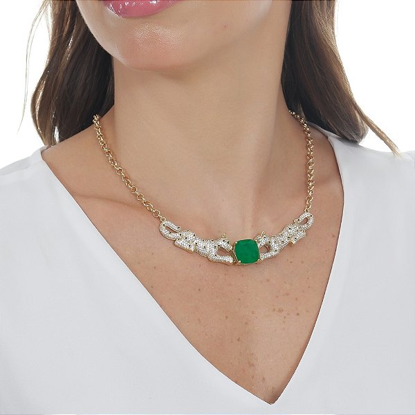 Colar Pantera Cristal Gêmeas com Pedra Fusion Esmeralda