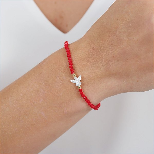 Pulseira Cristal Vermelho com Espírito Santo em Madrepérola
