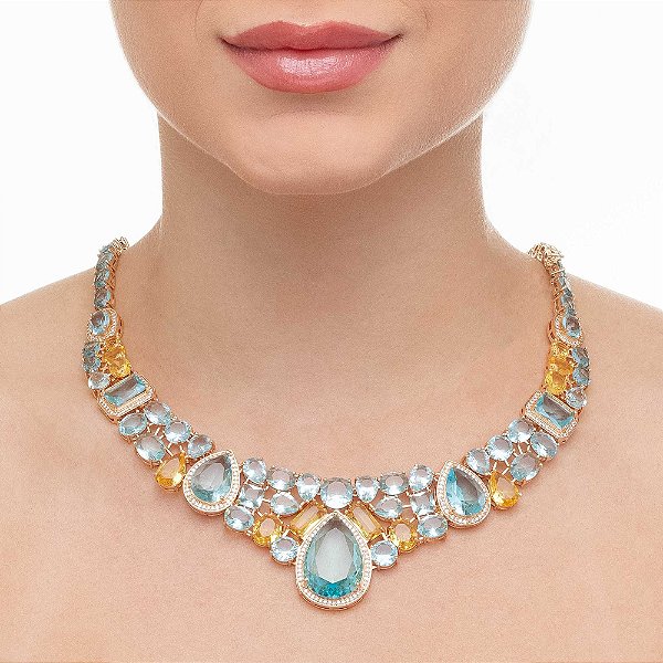 Colar Coroa Cristais Água Marinha E Citrino Com Acabamento Em Micro Zircônias Cristal