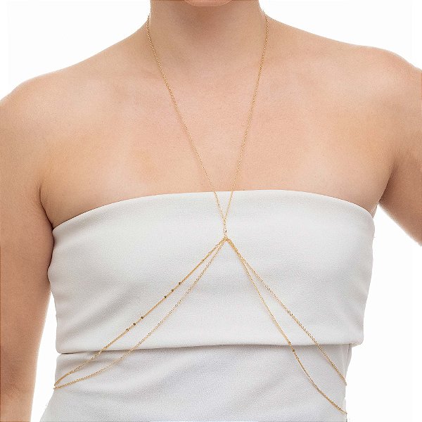 Body Chain com 2 fios com Ponto de Luz Central Ouro 18K