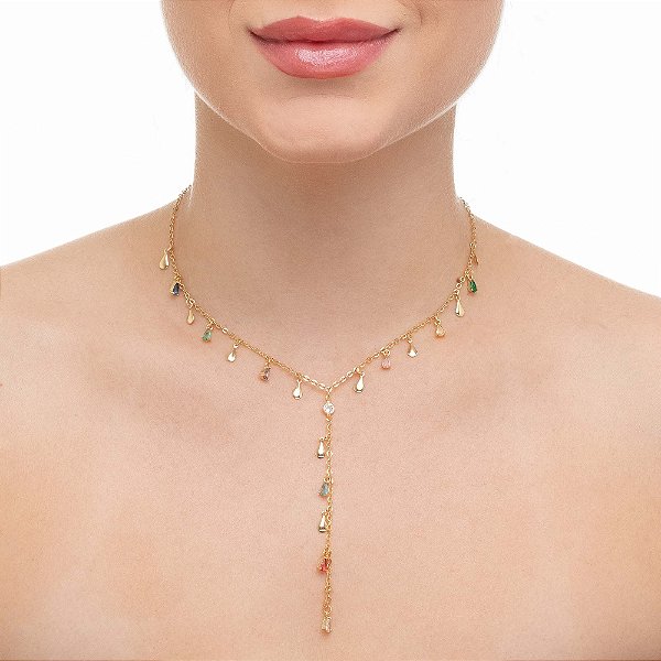 Colar Gravatinha com Medalhas Gota Lisa e Pingentes Zircônias Coloridas Ouro 18K