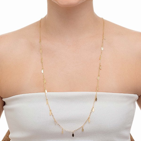 Colar Longo Medalhas Folha Lisa 80cm Em Ouro 18K