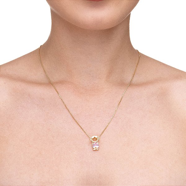 Colar com Pingente Menina Pedra Rosa no banho de Ouro 18K