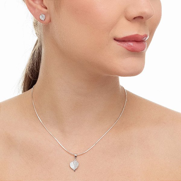 Conjunto Prata Folha Cravejado de Micro Zircônia