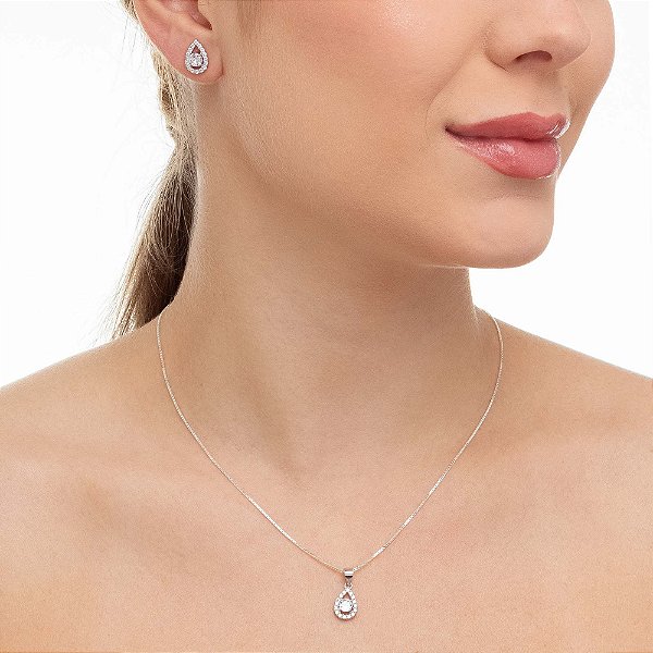 Conjunto Prata Gota Cravejado de Micro Zircônia
