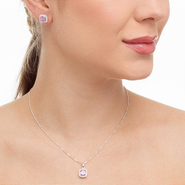 Conjunto Prata Quadrado Cravejado de Micro Zircônia Rosa