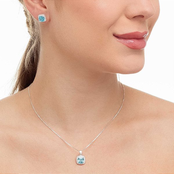Conjunto Prata Quadrado Cravejado de Micro Zircônia Azul