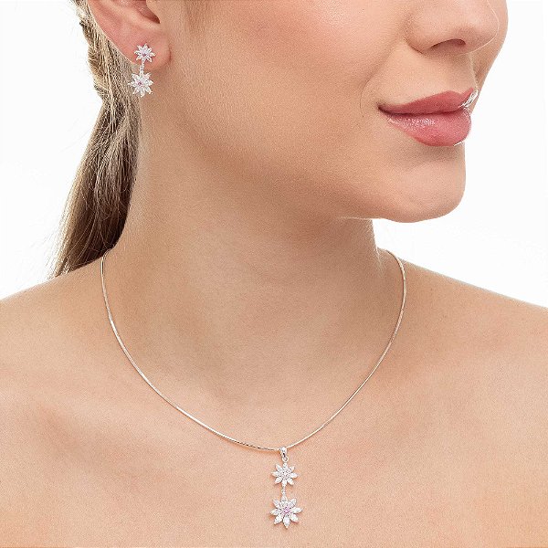 Conjunto em Prata 925 de Flores com Zircônia Cristal e Rosa central
