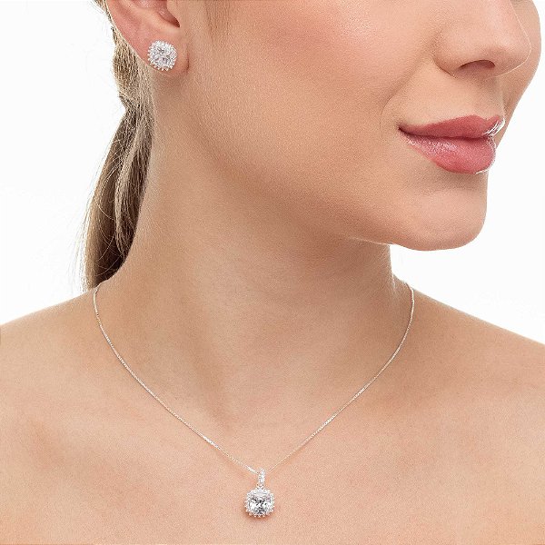 Conjunto Prata Quadrado Cravejado de Micro Zircônia Cristal