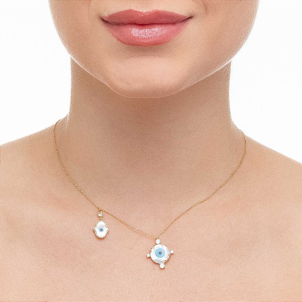 Choker Olho Grego Madrepérola com 4 Cristais e Mão Hamsá com Tiffy Cristal 40cm com extensor