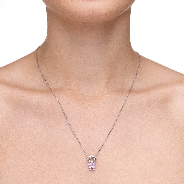 Colar com Pingente Menina Pedra Rosa no Banho de Ródio Branco