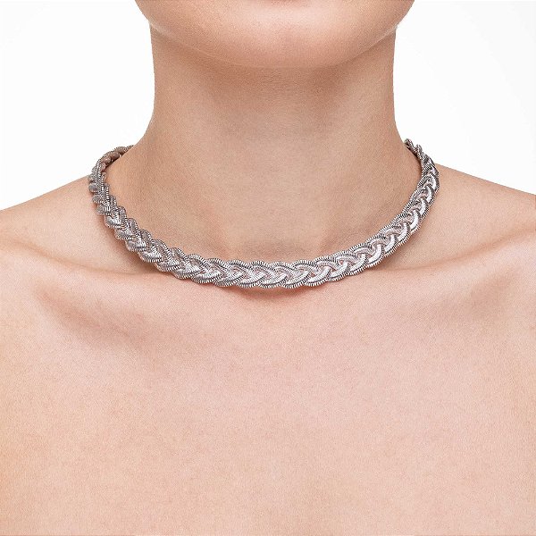 Choker Malha Trançada no Banho de Ródio Branco
