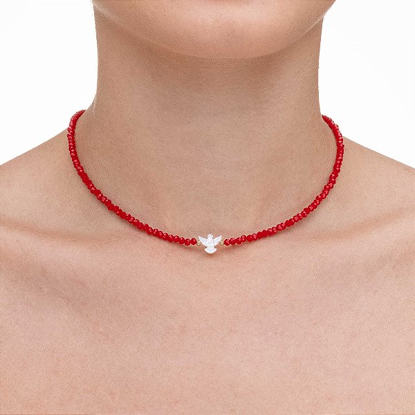 Choker Cristal Vermelho Com Espirito Santo Madrepérola