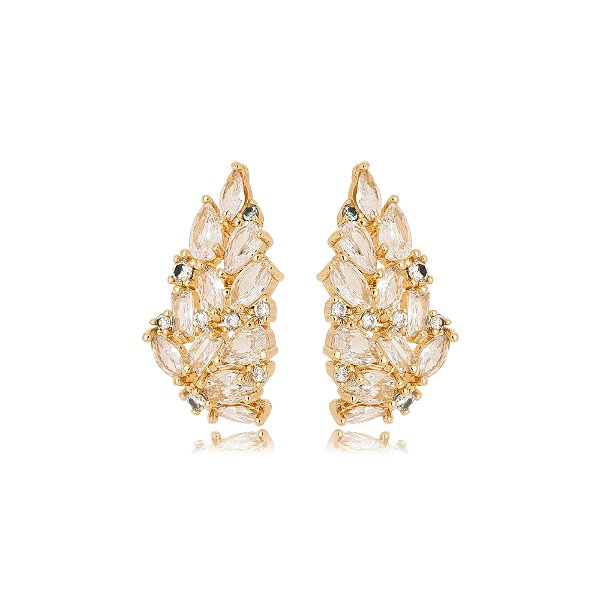 Brinco Folha Media Ear Hook Zircônia E Navetes Cristal Banho Ouro