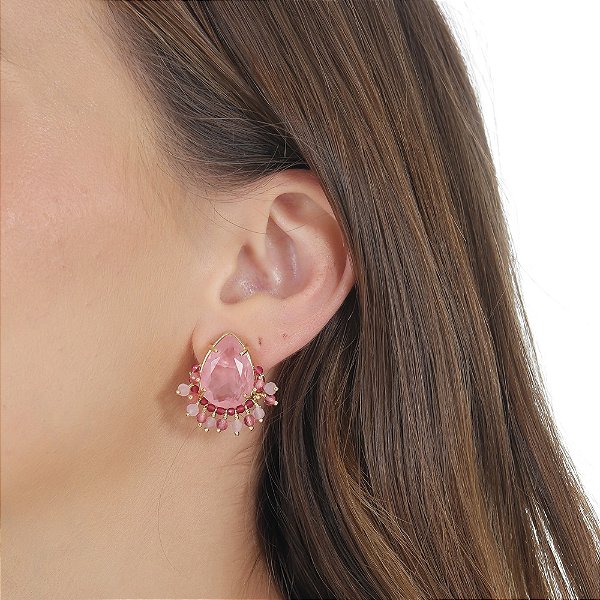 Brinco Gota Cristal Aramado Rosa