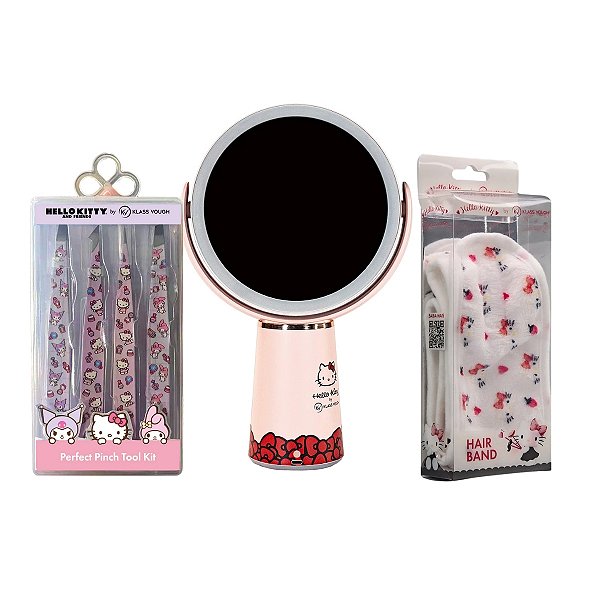 Kit Detalhes Hello Kitty com Espelho Led, Pinças e Faixa para Skincare