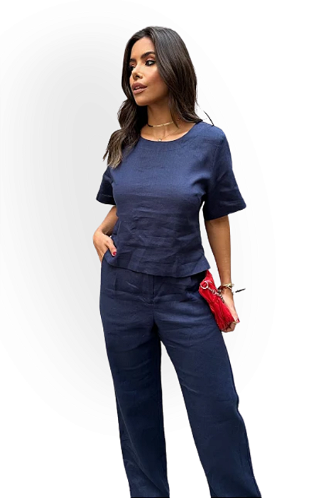 Conjunto Linho Calça e Blusa com Manga