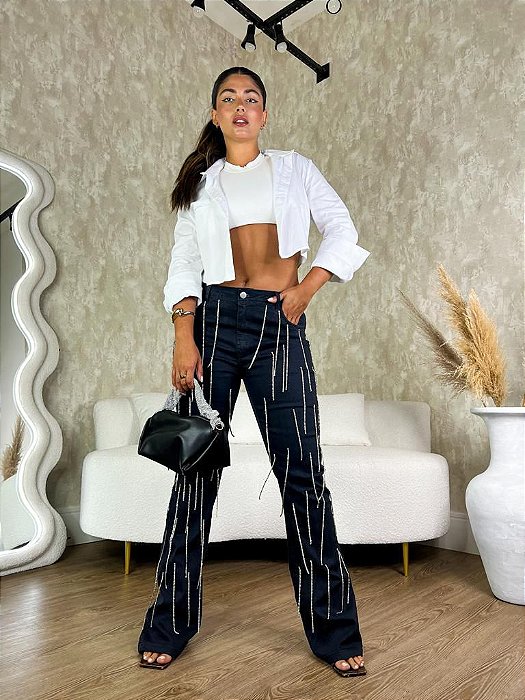 Calça Jeans Preta com Franjas em Strass