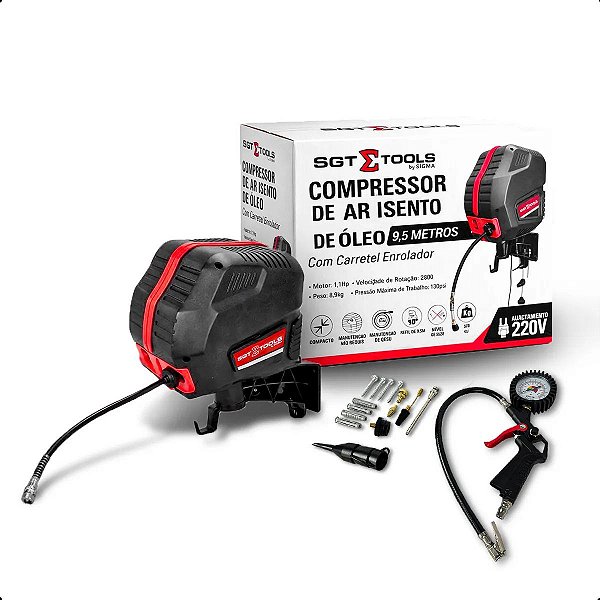 SGT COMPRESSOR DE AR ISENTO DE OLEO COM CARRETEL ENROLADOR 9,5M MANGUEIRA 1,5HP 6PCM 127V