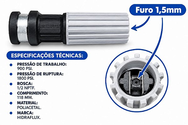 HIDRAFLUX ESGUICHO REGULÁVEL 1,5 C/ PINO DE ENGATE 1/4" PARA LAVADORA DE ALTA PRESSÃO