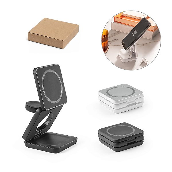 Carregador magnético wireless dobrável para 3 dispositivos Trifold