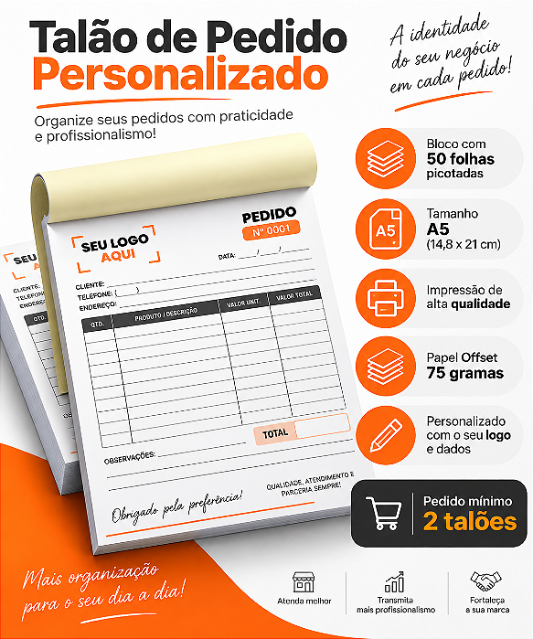 Talão de Pedidos Personalizado - 50 folhas - Tamanho A5 com picote