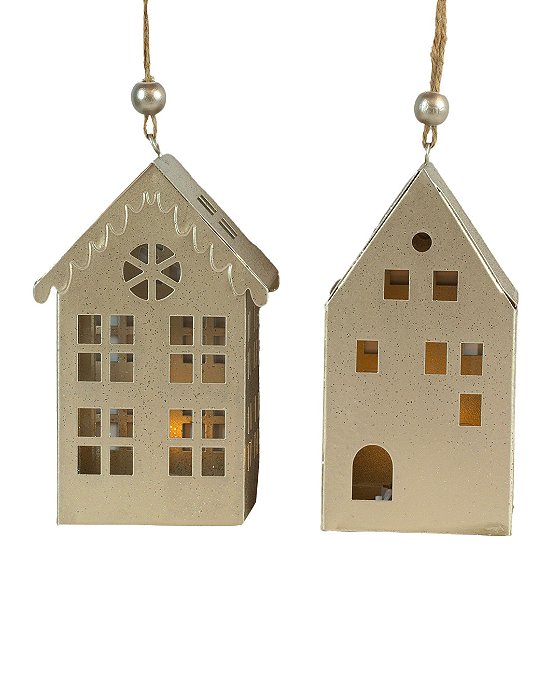 Enfeite Casinha Metal Champanhe Iluminada 6,5cm x 5,5cm x 10,5cm Natal