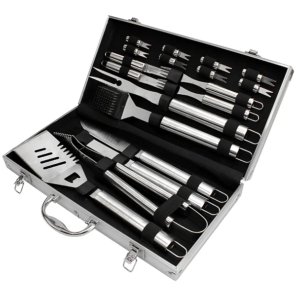 Jogo 19 Peças Churrasco Aço Inox Maleta Alumínio