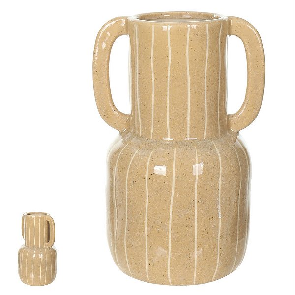 Vaso Cerâmica Com Listras e Alça Bege Off White 25,5X17X15cm